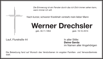 Traueranzeige von Werner Drechsler von Pegnitz-Zeitung